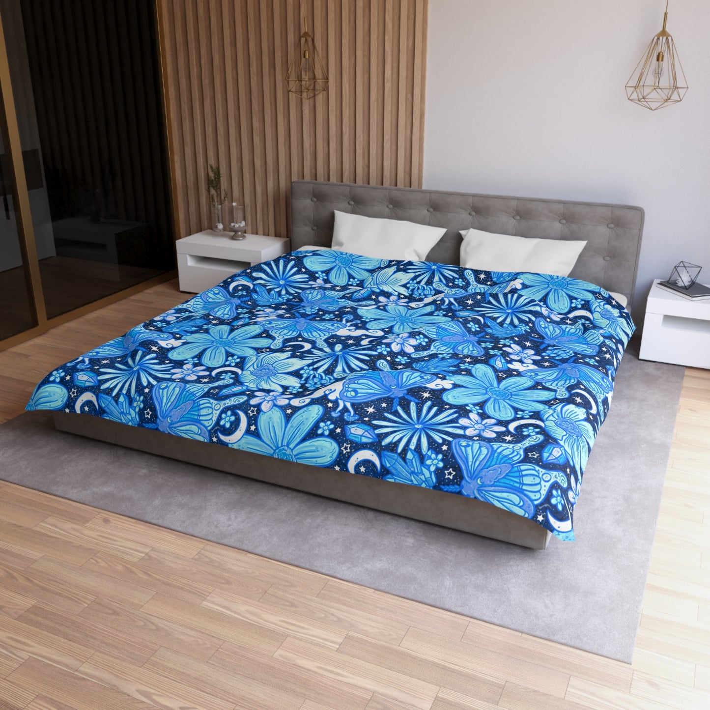 Blue floral moth Microfiber Duvet Cover