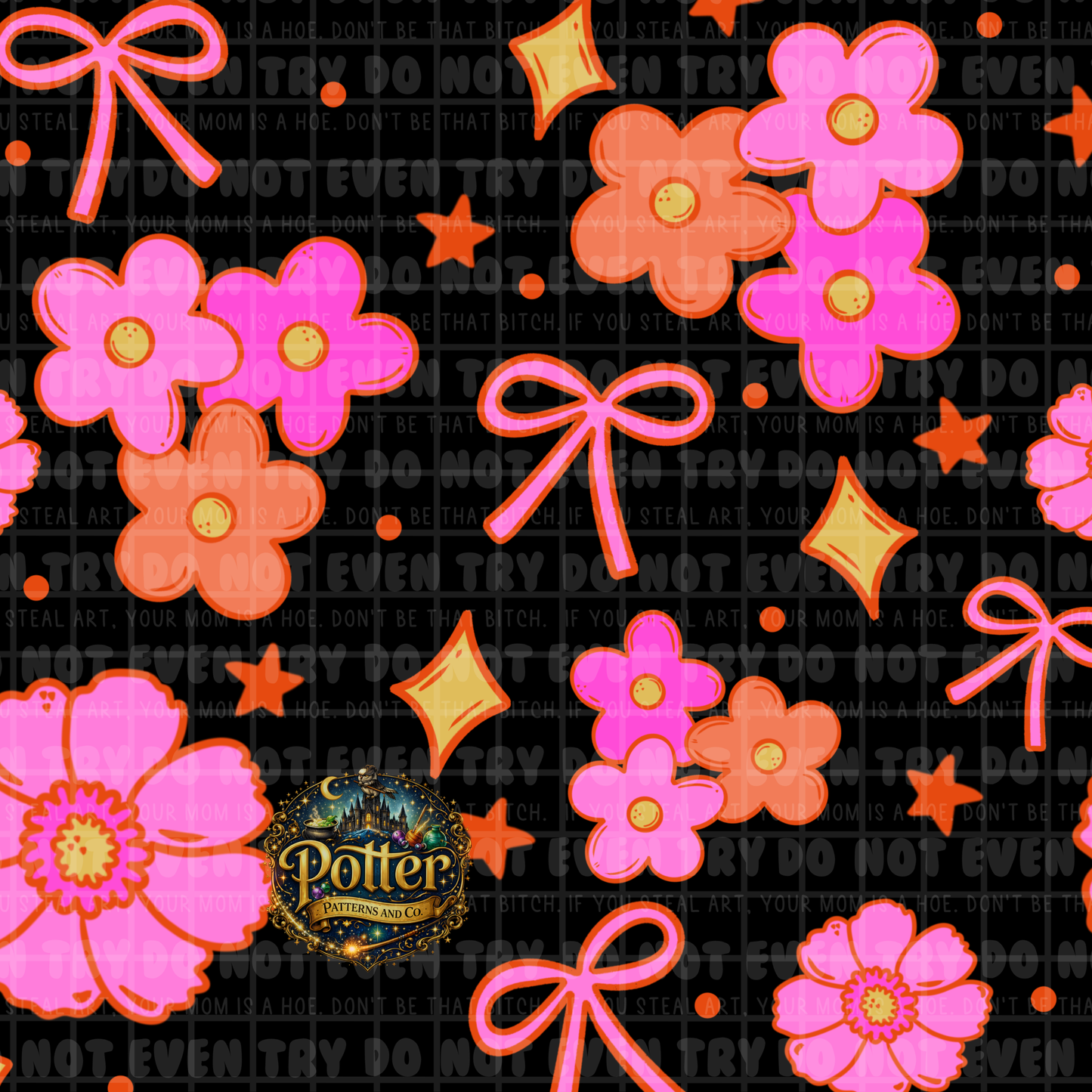 Groovy Flower & Bows- Solid BG - Seamless