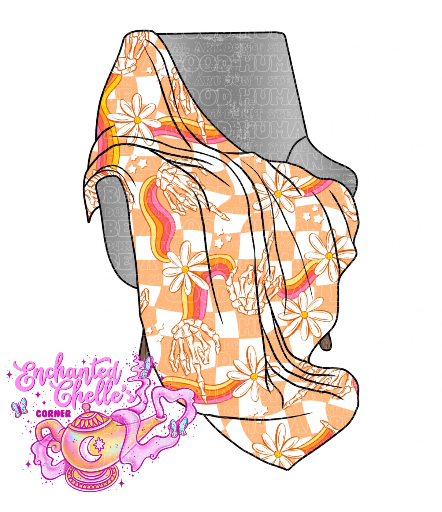 Orange checker rainbow Skeleton hand blanket