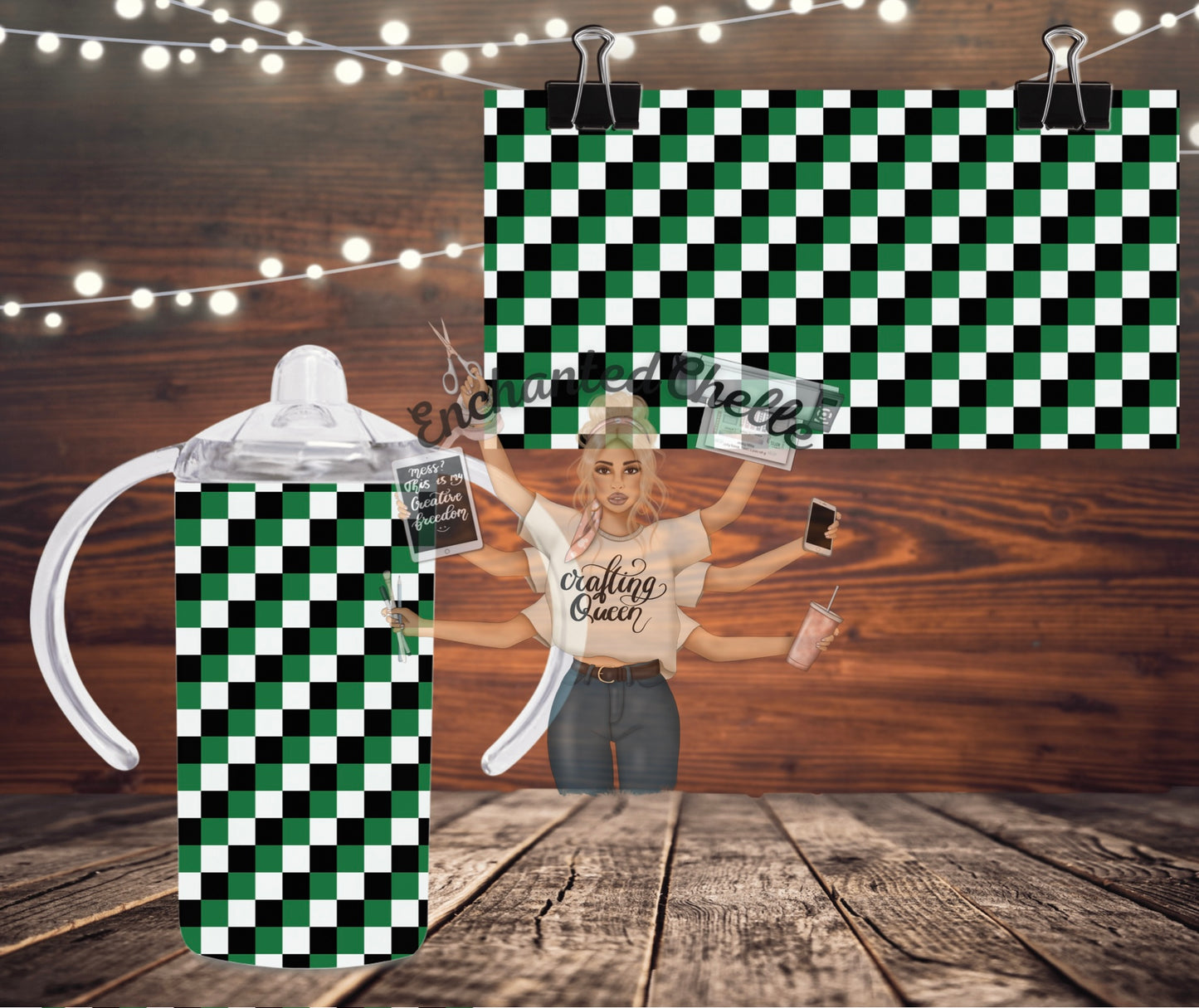 Green Checker Flowers Sippy Cup