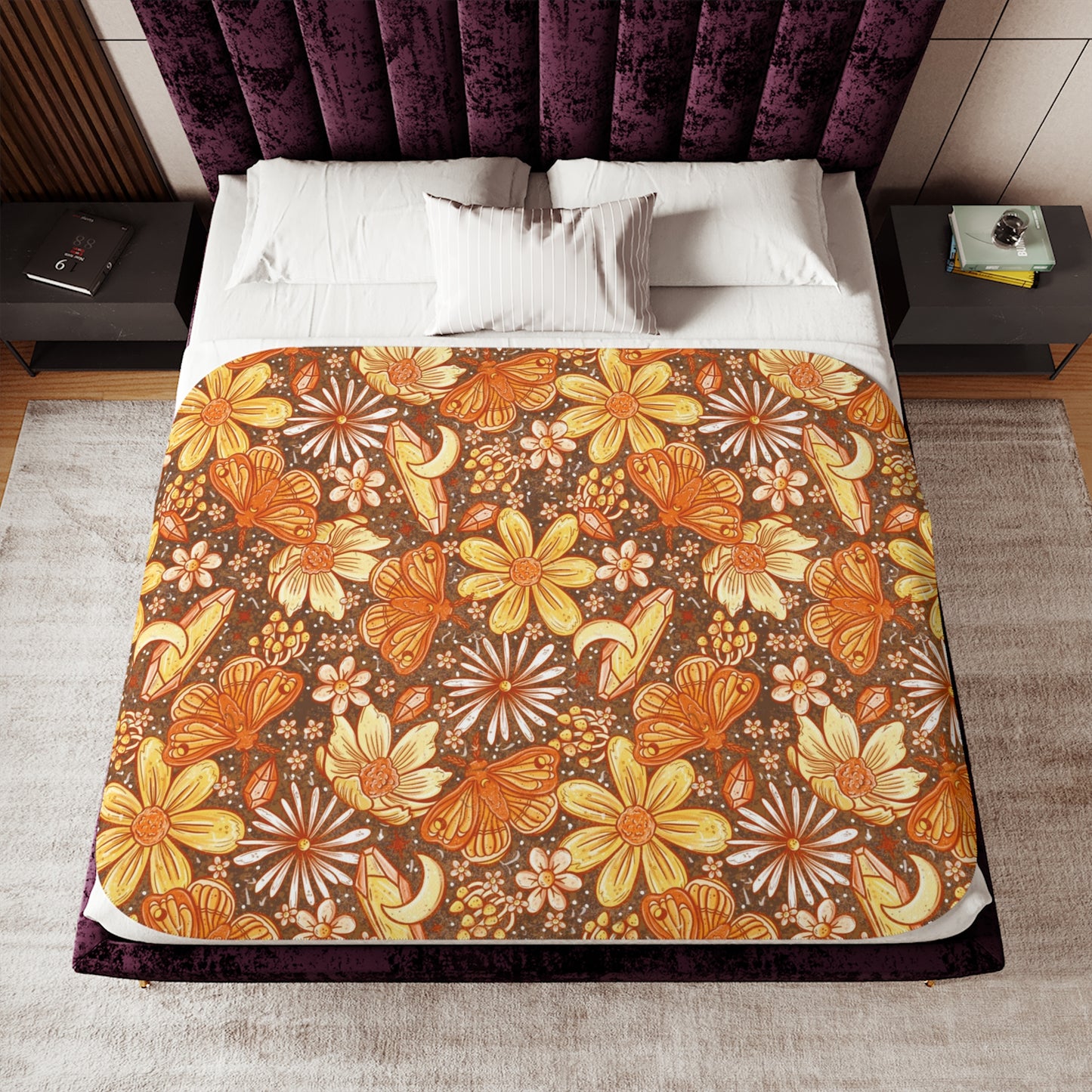 Orange moth floral Sherpa Blanket, Two Colors