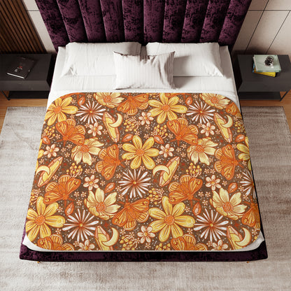 Orange moth floral Sherpa Blanket, Two Colors