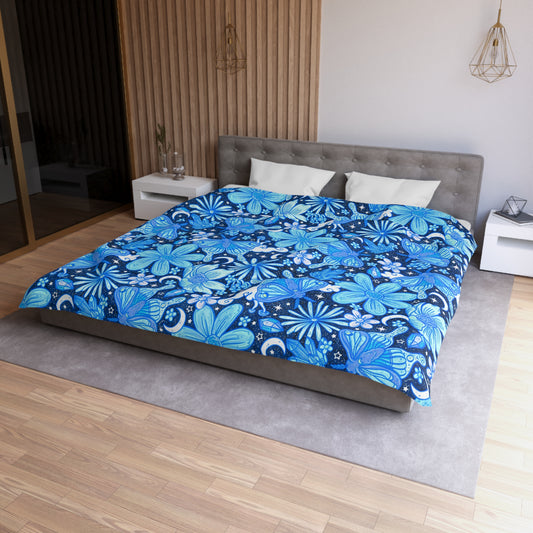 Blue floral moth Microfiber Duvet Cover