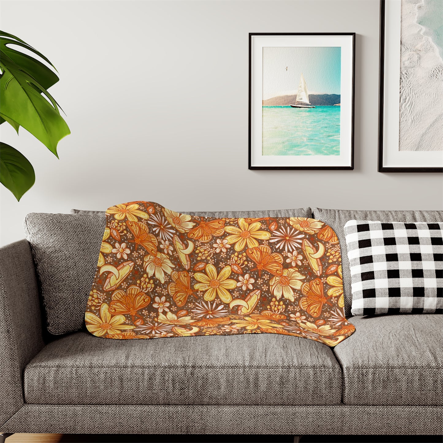 Orange moth floral Sherpa Blanket, Two Colors