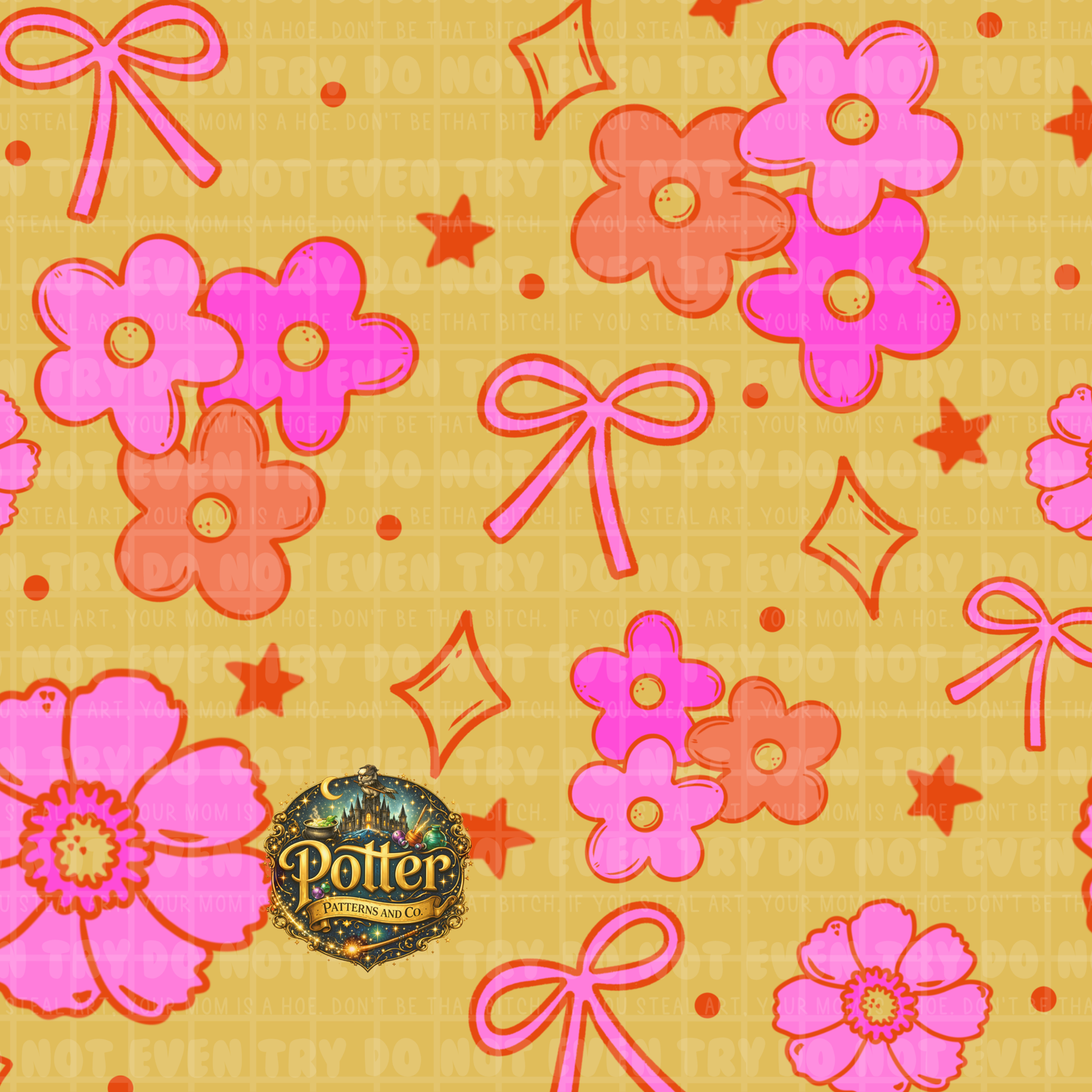 Groovy Flower & Bows- Solid BG - Seamless