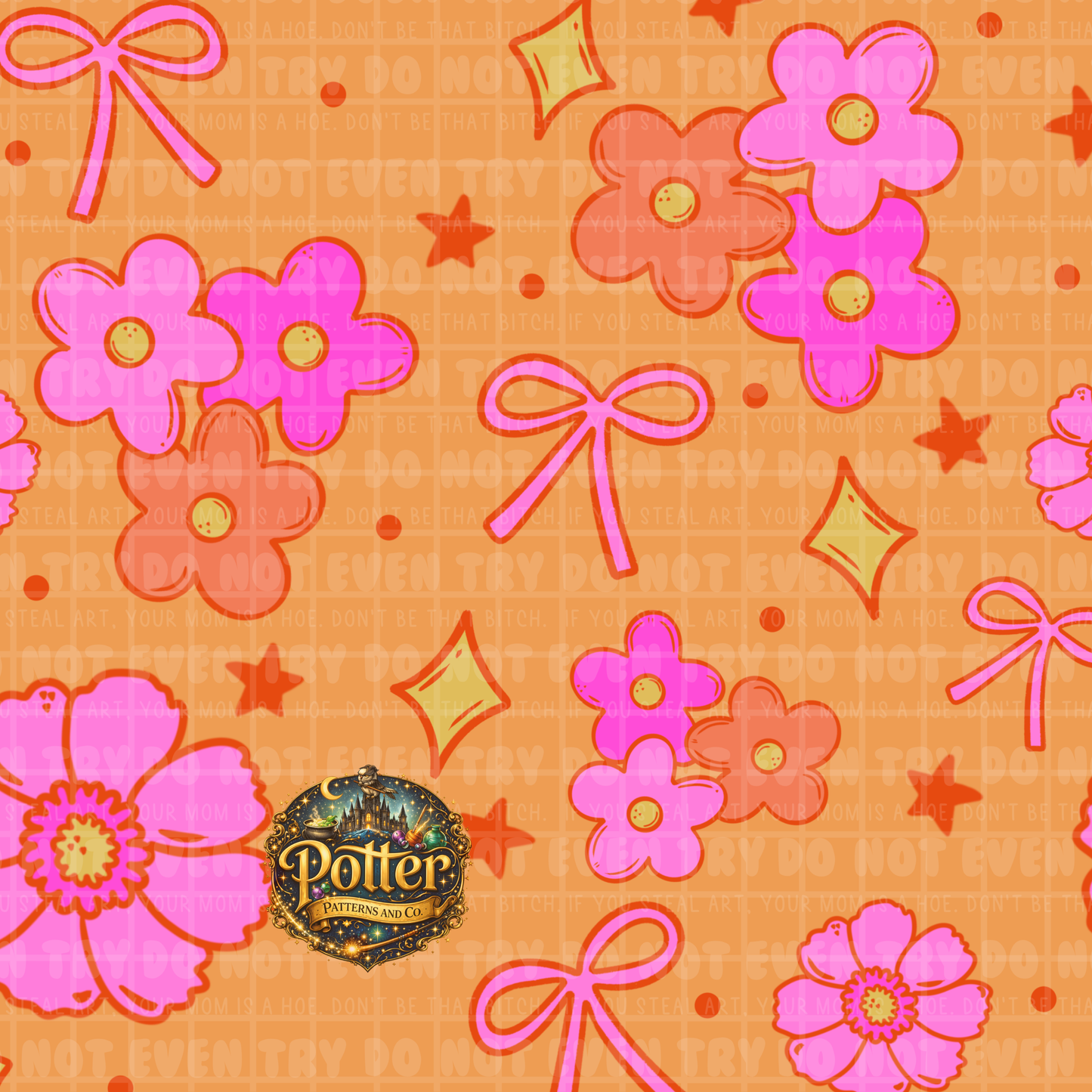 Groovy Flower & Bows- Solid BG - Seamless