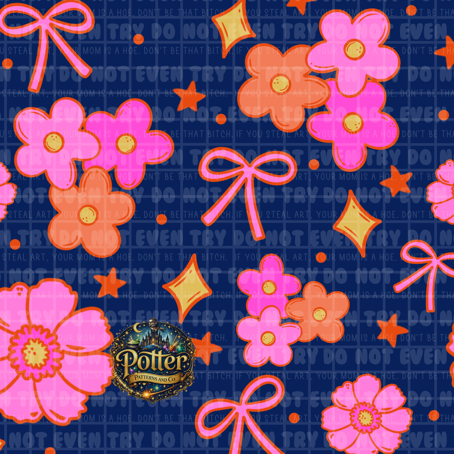 Groovy Flower & Bows- Solid BG - Seamless