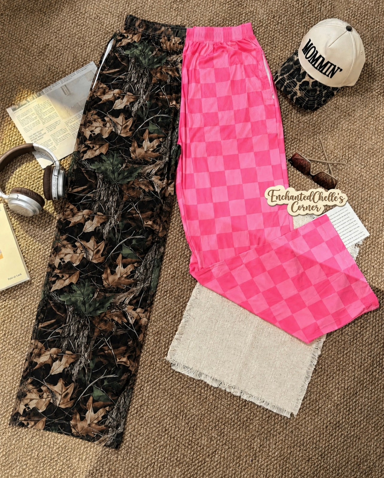 Ribbed Wide Leg Camo/Pink checker Pants (Adult & Kids)