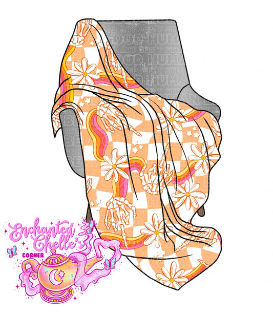 Orange checker rainbow Skeleton hand blanket