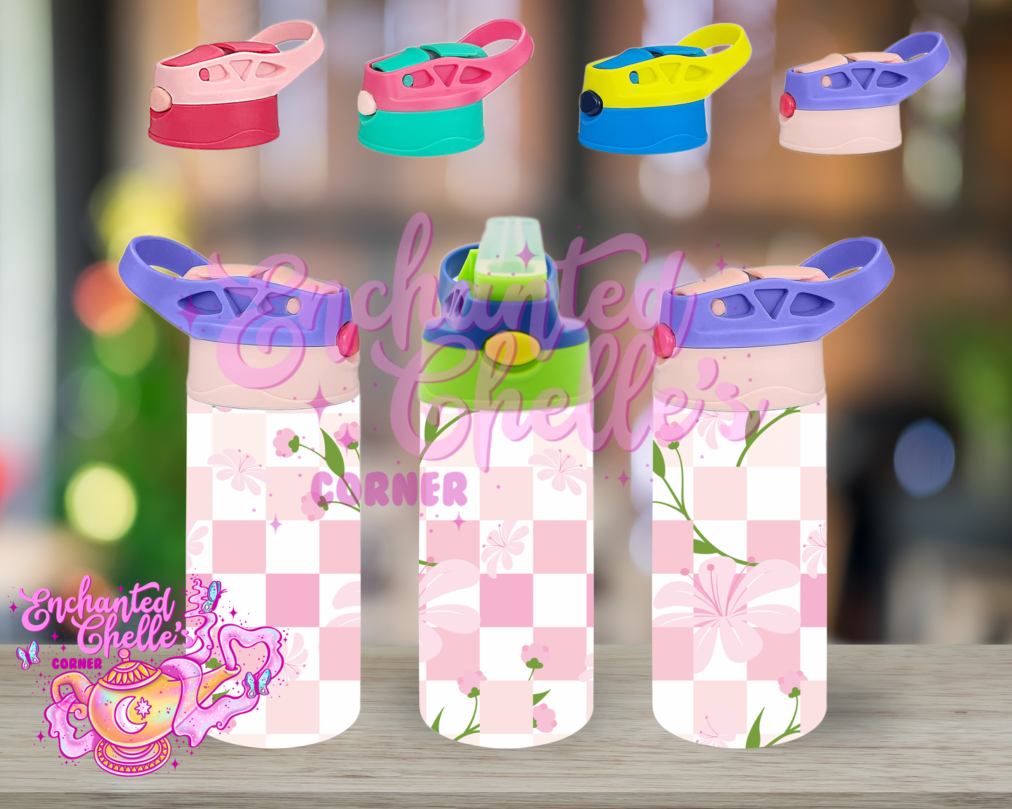 Pink dainty floral check  Sip Straw Sippy