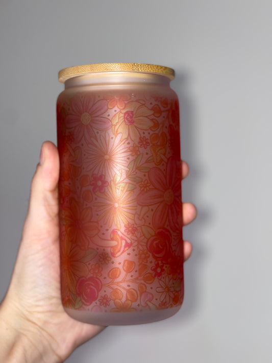 Orange floral 16 oz libby glass cup