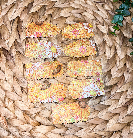 Yellow Floral faux Leather Hair Clips
